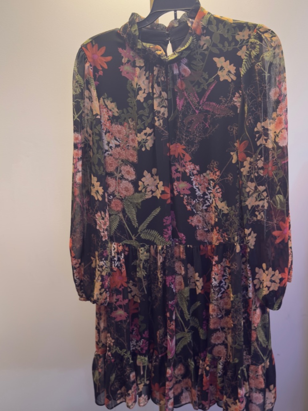 Long Sleeve Black Floral Tiered Dress - Women's